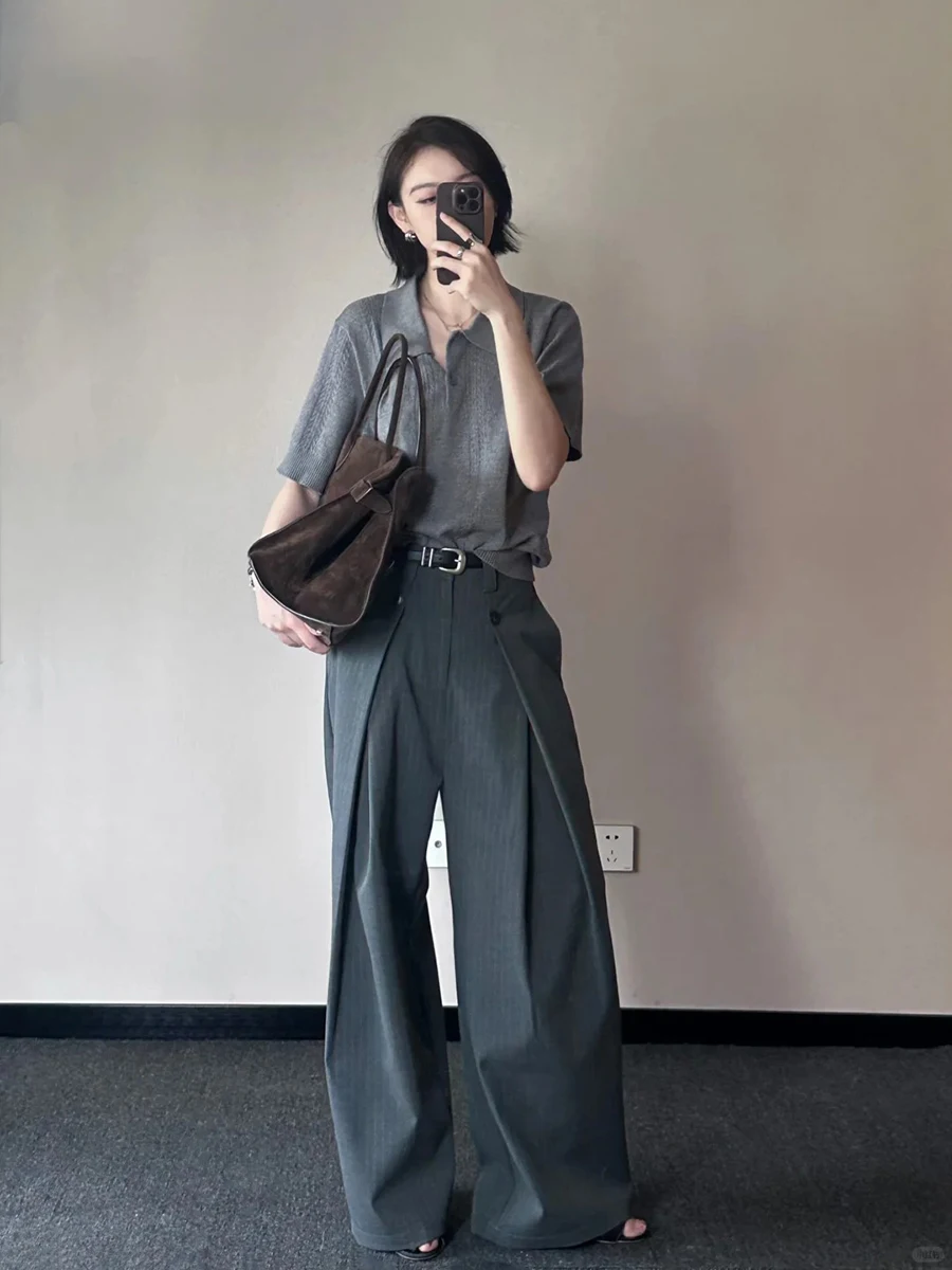 ReddaChic Casual Wide Leg Pants High Waist Gray Striped Pleated Long Oversized Draped Trousers Women Autumn Office Work Wear