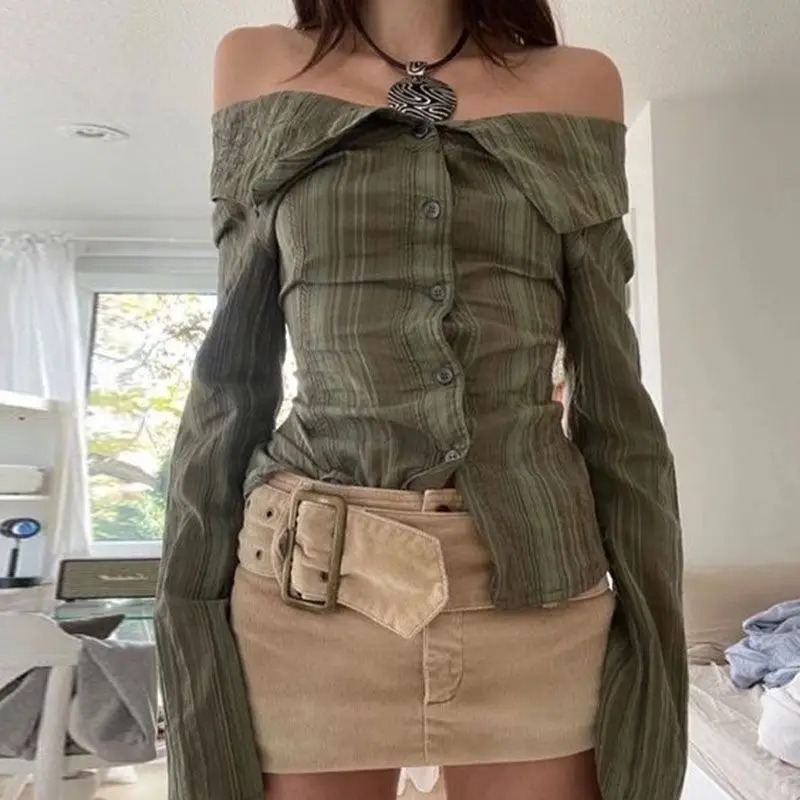shirt Green Striped Off Shoulder Buttons Collar Shirts Vintage Y2K Aesthetic Women Fashion Korean Casual Sweet Tops Blouses