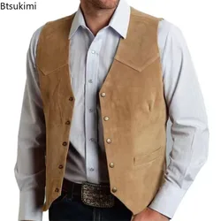 2026 Men's Suede Slim Single Breasted Vests Casual Western Cowboy Vest Coats Fashion Classic Clothing for Men Vintage Suit Vests
