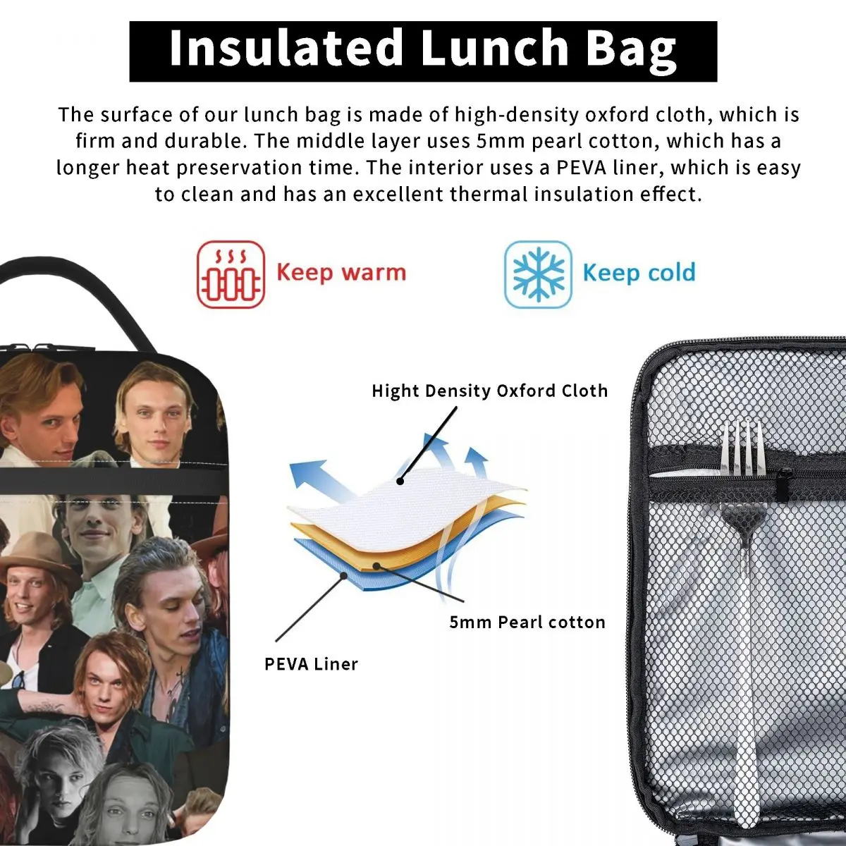 Jamie Campbell Bower Photo Collage Insulated Lunch Bag for Women Kids Leakproof Food Boxes Thermal Lunch Box Tote