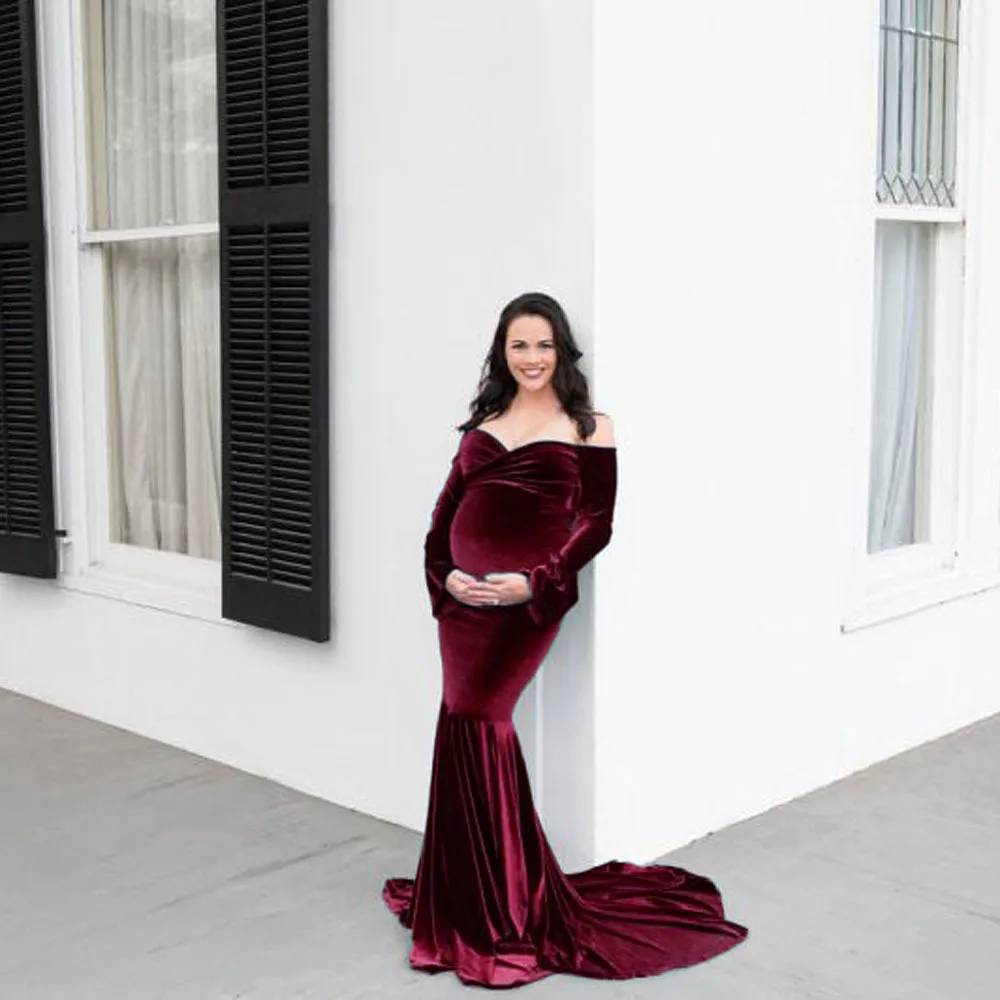 European and American Autumn/Winter Women's Clothing  Velvet Maternity V-Neck Train Maxi Dress Photography Dress Pregnancy