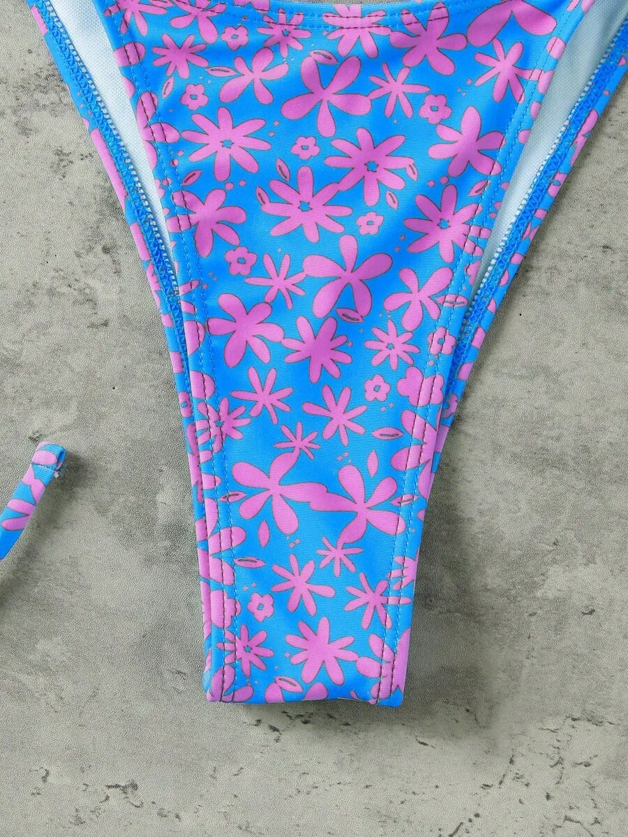 

Womens Blue Pink Floral Print Halter Tie Bikini Set For Beach Vacation Party