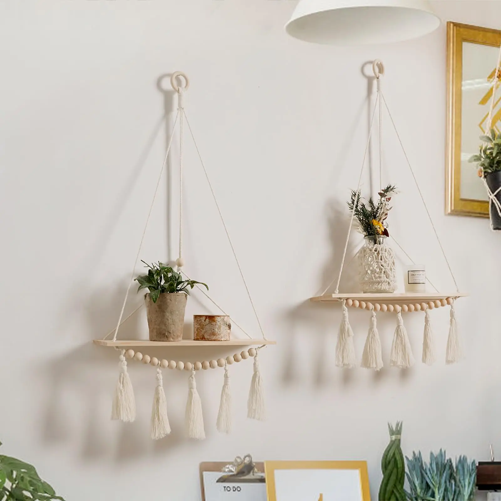 Makramee-Wandregal zum Aufhängen, schwebendes Wandregal, Boho-Heimdekoration, Regale, Wand, Holzdekoration für Schlafzimmer, Wohnzimmer, Kinderzimmer, Geschenk – Detail 8