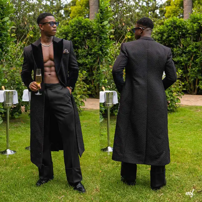 

Cool Black Men Suits Overcoat One Coat Groom Suit Set Velvet Neck Waffle Long Blazer Wedding Prom Party Jacket Size Customized