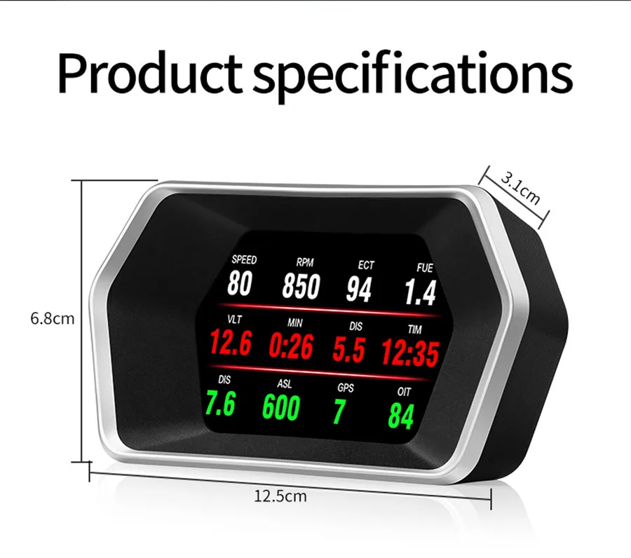 HUD-P17 Car Digital OBD2 and OBD Port Driving Computer Display ECT VLT FUE RPM TIM MIN DIS MAP OIT A/F TCP PSI RTC ALS DIR