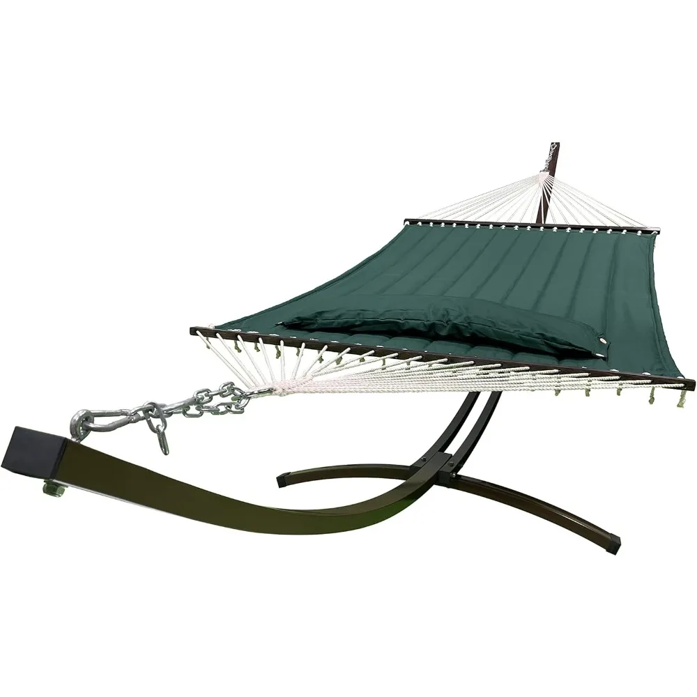 

Sturdy Brown Steel Arc Hammock Stand for Indoor and Outdoor Use with Elegant Green Premium Quilted Hammock and Pillow
