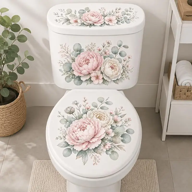 [Floral Toilet Sticker Flower Pattern Toilet Lid Sticker Waterproof Bathroom Wall Decals Self-Adhesive Removable Home Decor]