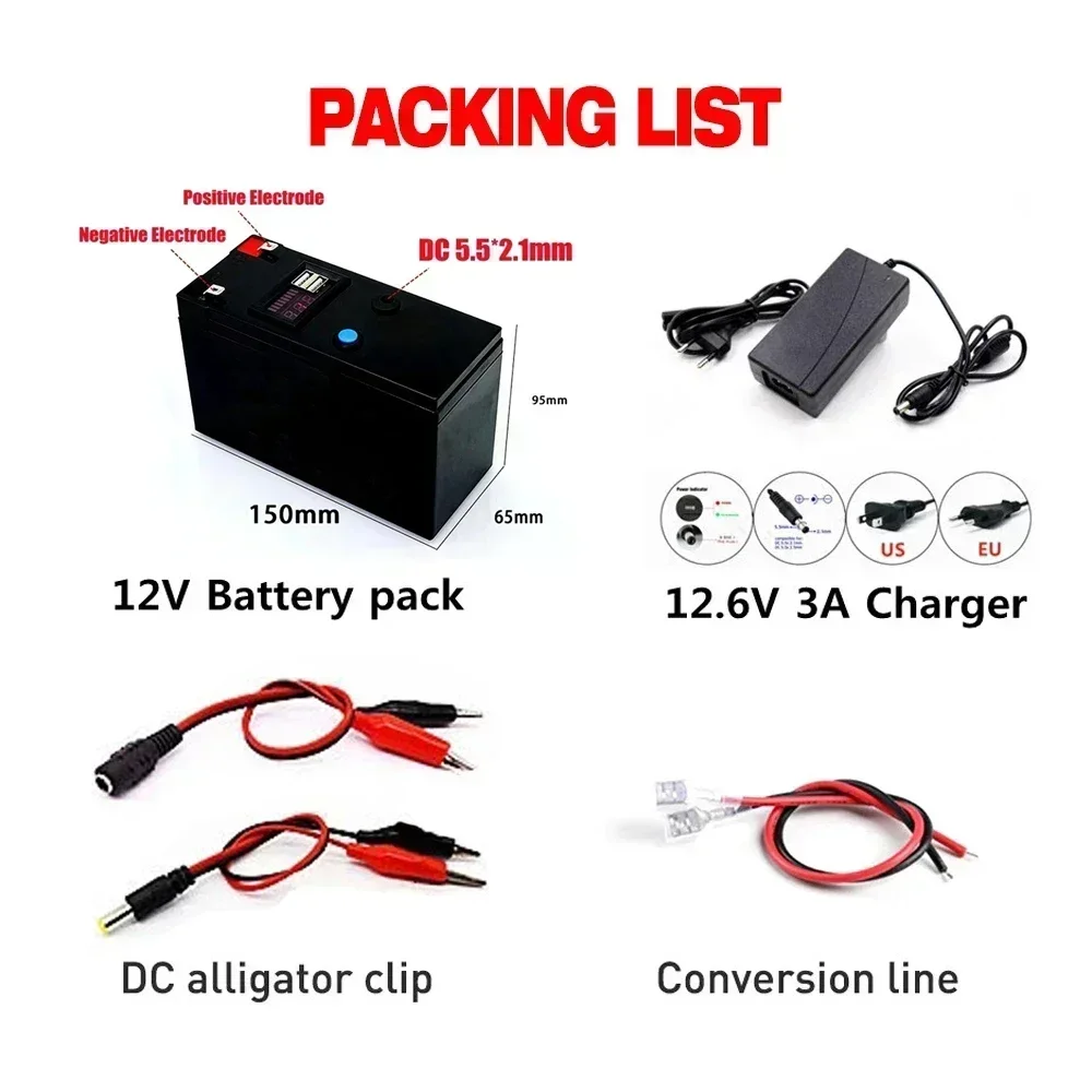 แบตเตอรี่แบบชาร์จไฟได้แบตเตอรี่ลิเธียม18650 120Ah แบตเตอรี่12V สำหรับพลังงานแสงอาทิตย์ยานพาหนะไฟฟ้าแบตเตอรี่ + ที่ชาร์จ12.6v3A