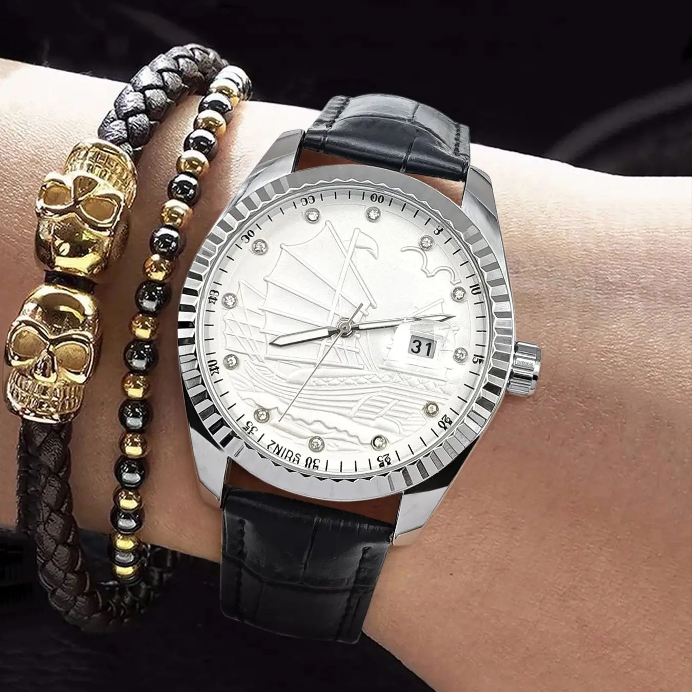 

European and American Style Sailboat Series High-End Luxury Men's Watches, New Diary Series Fashionable Business Casual Simple and Unique Social Guy Trendy Men's Watch, Luminous Waterproof Calendar Leather Strap Watch for Men, the Best Gift for Him