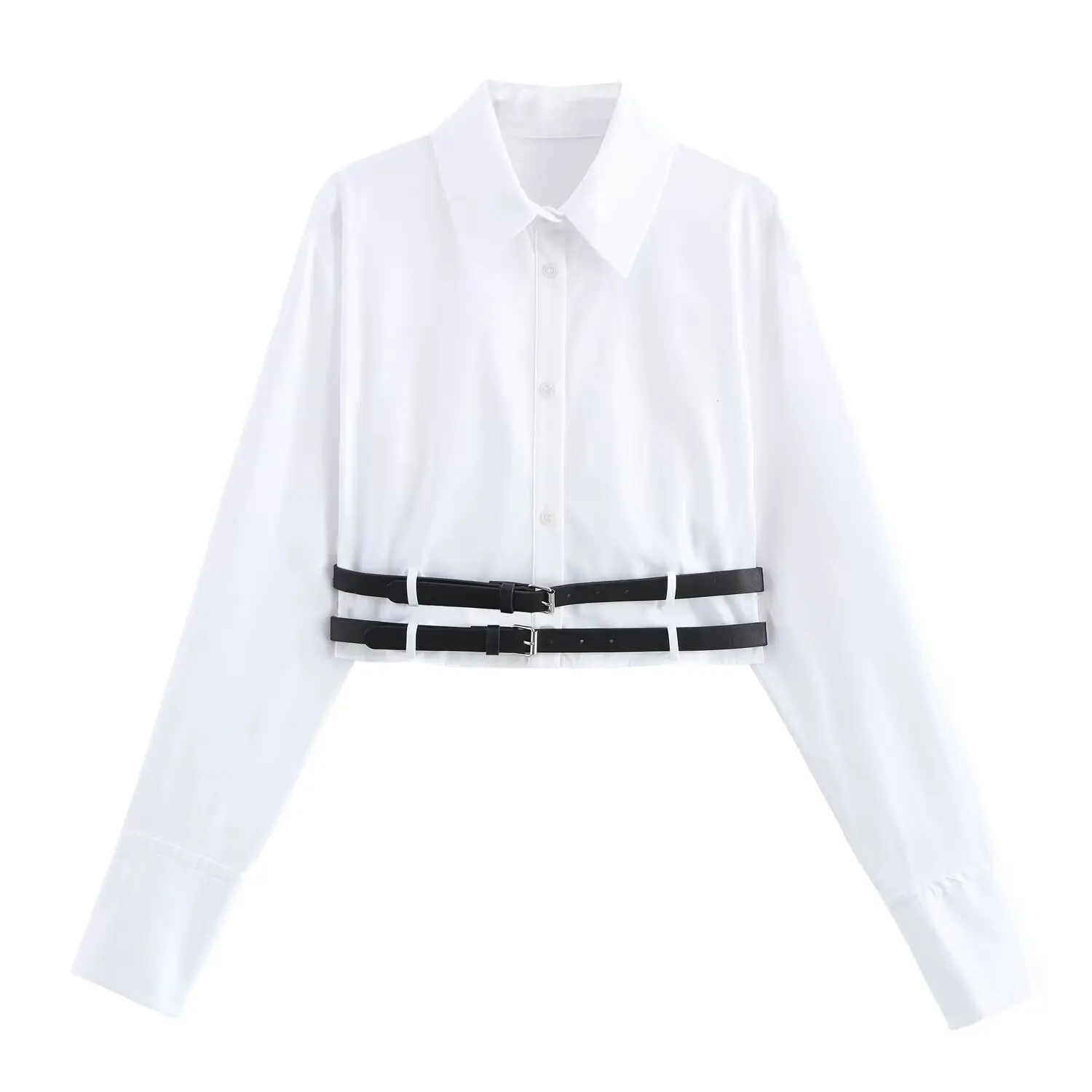 Camisa blanca corta informal con cinturón de doble capa para mujer, camisa retro de manga larga con botones, top elegante, nueva moda