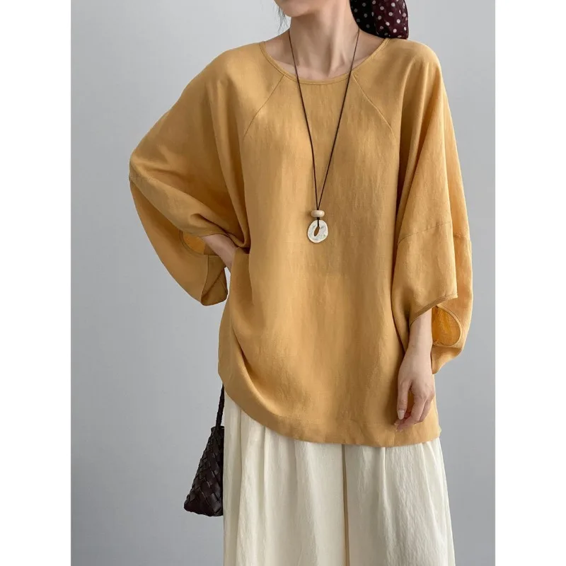 Women French Ramie Top Lantern Sleeve Thin Sun Protection Blouse For Summer