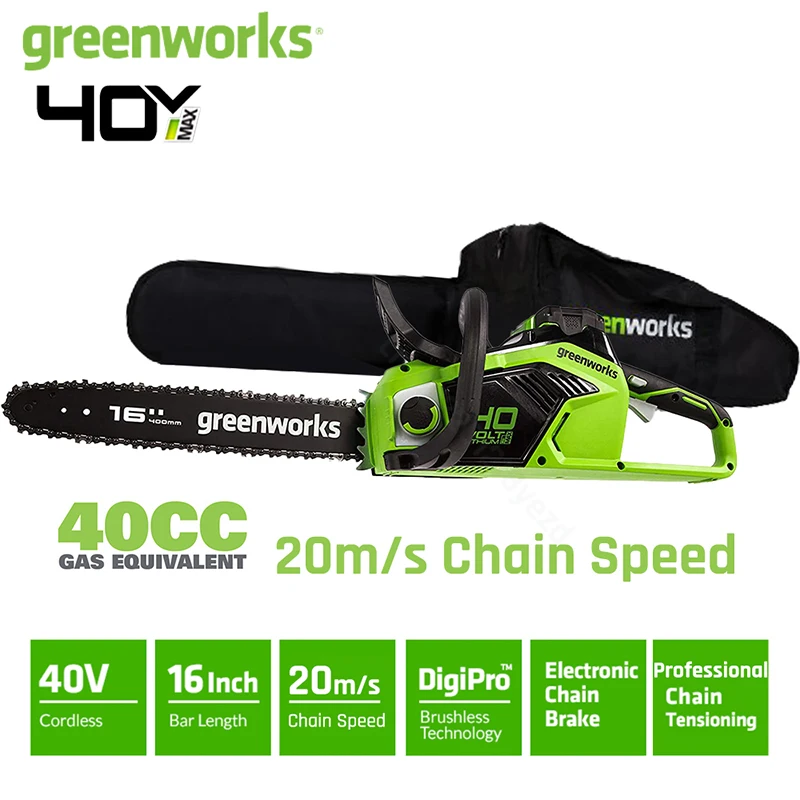 Greenworks ChainSaw 40V Brushless Motor 20m/s Original 16Inch Chainbar and Oregon Sawchain Protection Bag Garden Saw Tool Only