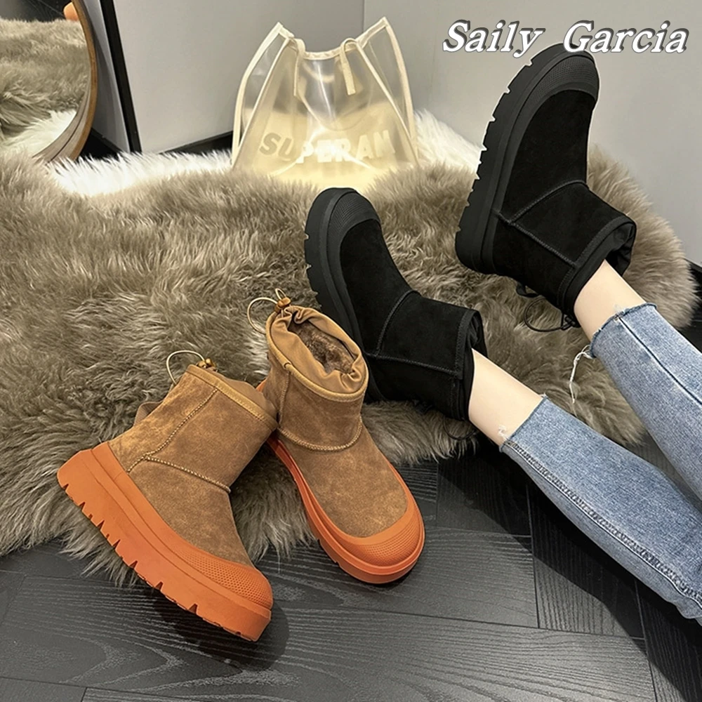 Fur Cow Suede Short Plush Slip On Snow Boots 2023 Winter New Fashion Velvet Keep Warm Boots Round Toe Non-Slip EVA Sole Boots