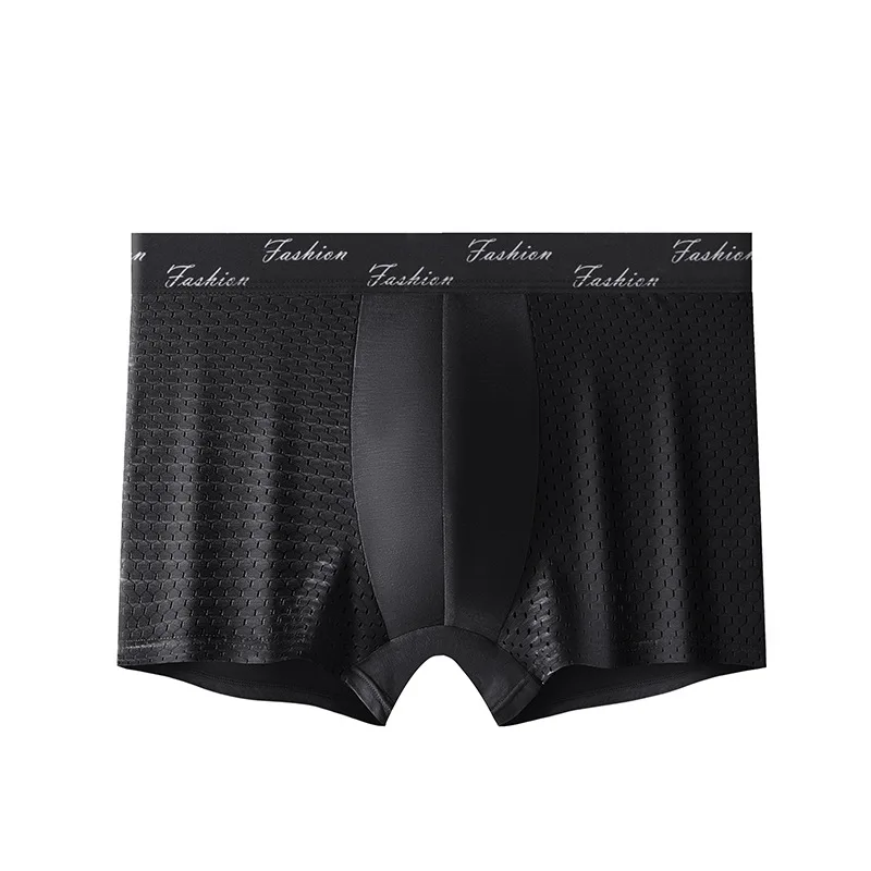 Men Trunks Mesh Hollow Thin Breathable Underwear Ice Silk Bulge Pouch Boxers Shorts Cuecas Translucent Bikini Slip Homme