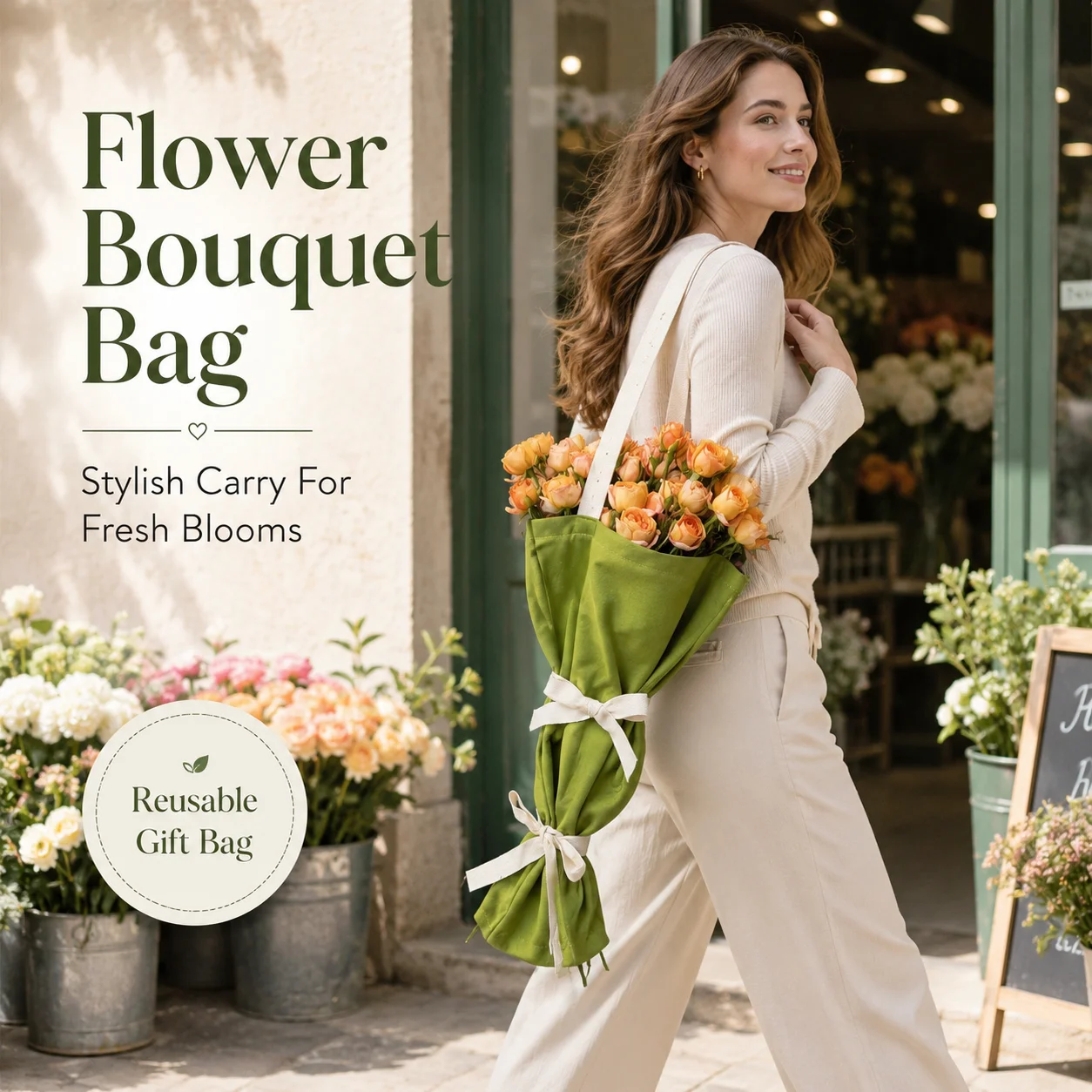 Personalized Flower Bouquet Bag Canvas Green Flower Hanging Carrying Bag DIY Logo Name Unique Gifts Flower Wrapping Farm Gifts