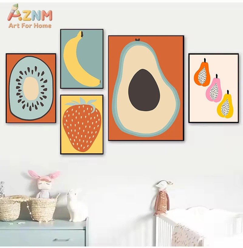 AZNM Unframed Cute Fruit Canvas Wall Art, Modern Minimalist Avocado Banana Strawberry Kiwi Print, Nordic Style Kitchen Dining Ro