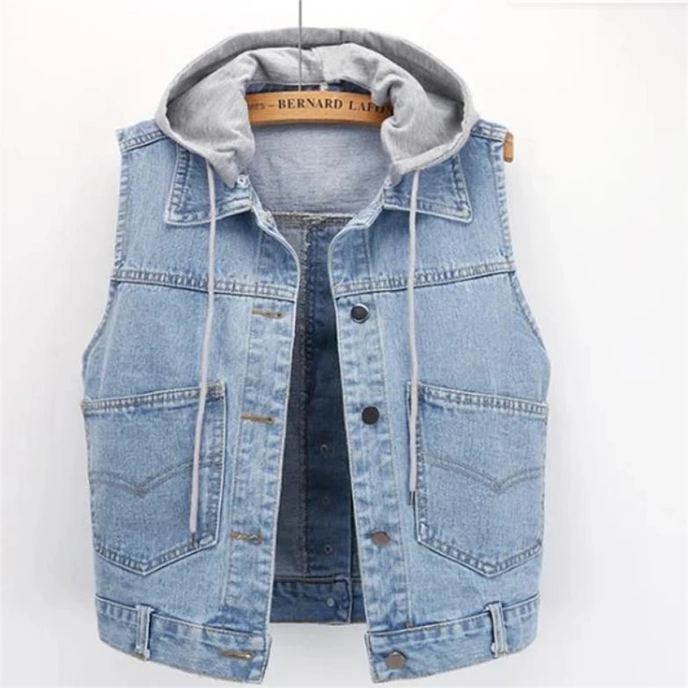 Denim Vest Women Spring Autumn Coat Sleeveless Wild Tops Hooded Jacket Women Denim Jeans Waistcoat Outerwear Female Ripped 5XL