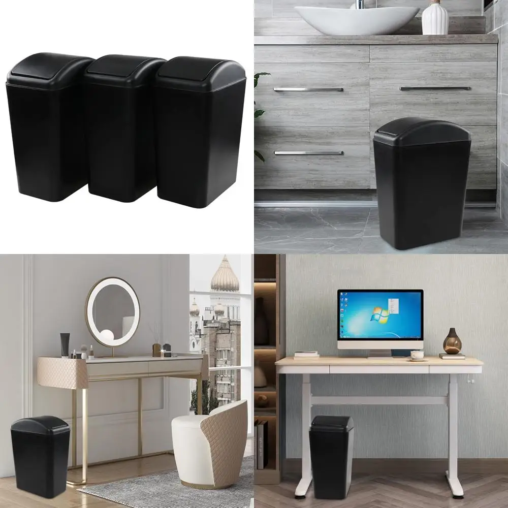 

Set of 3, 4.5 Gallon Swing-Top Waste Bins - Plastic Trash Cans for Home and Office Use in Black