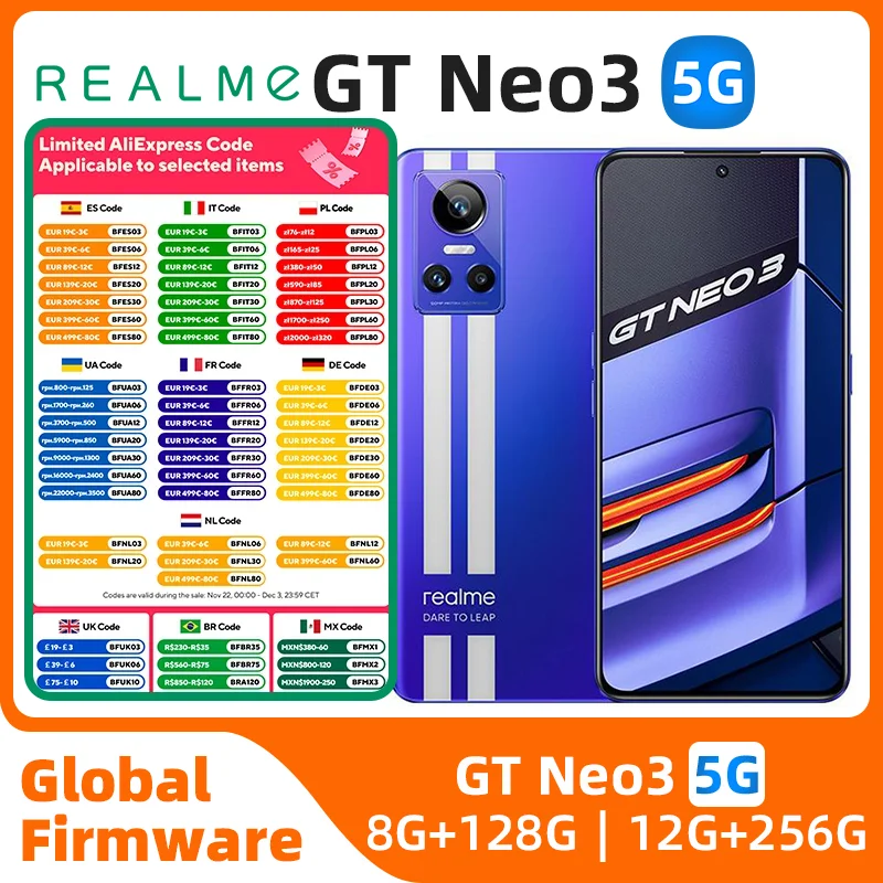 Realme GT Neo3 Android 5G شاشة 6.7 بوصة 256G 80W شحن 50MP كاميرا في حالة جيدة هاتف مستعمل