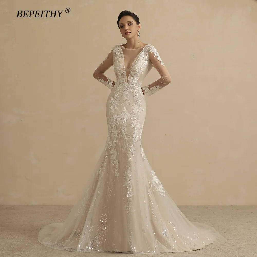 BEPEITHY Mermaid Champange Full Sleeves Lace Wedding Dresses For Women 2022 Bride Summer Sexy Open Back Bridal Boho Party Gown