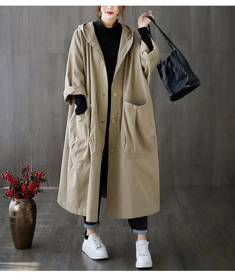 Lässiger, übergroßer, langer Damen-Trenchcoat mit großen Taschen, knielang, mit Kapuze, winddicht, warm, mit Knöpfen, Mädchen-Trenchcoat – Detail 6