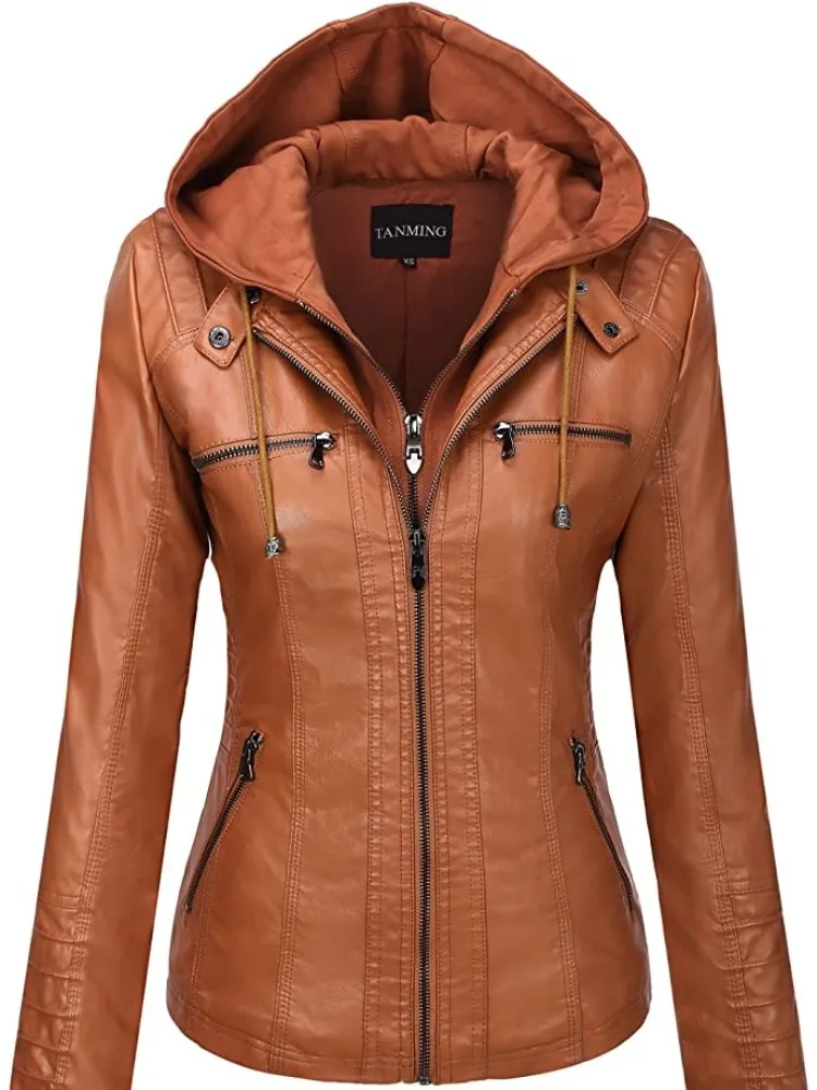 Hooded Leather Jacket Two-Piece Set Removable Large Size Leather Jacket for Women Spring & Fall Outwear for Women Pu Washed Leather