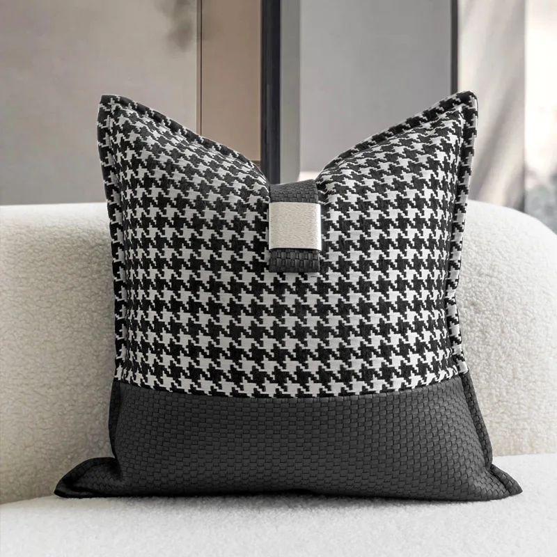 Design Luxury Cushion Cover 45x45 Black and silver Velvet-cut Houndstooth Leather Patchwork Pillow Case For Home Hotel Bed Sofa