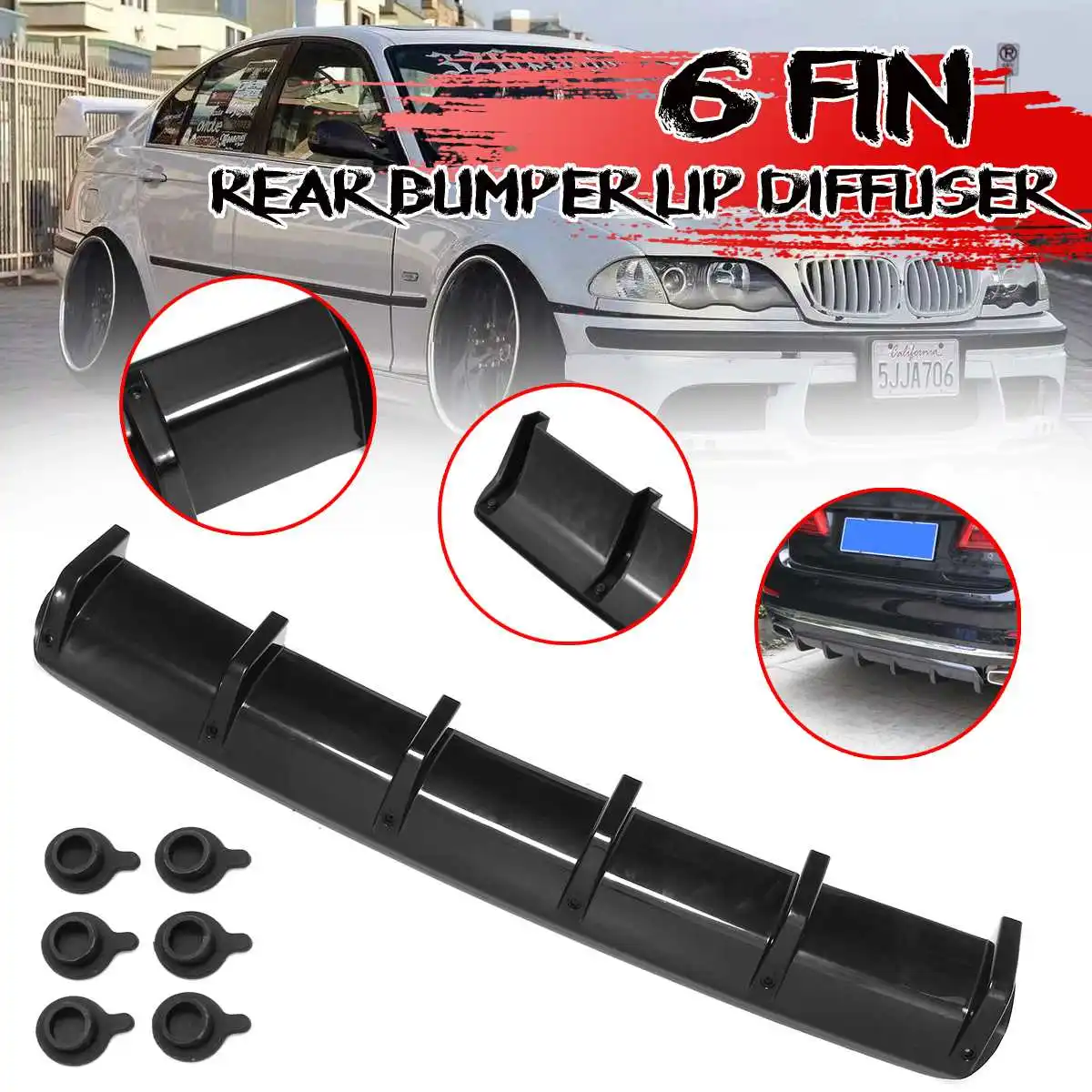 

New Car-styling Gloss Black/Carbon Fiber Look 6 Fin Shark Universal Car Rear Bumper Lip Diffuser Kit Add-on Bumper Spoiler Lip