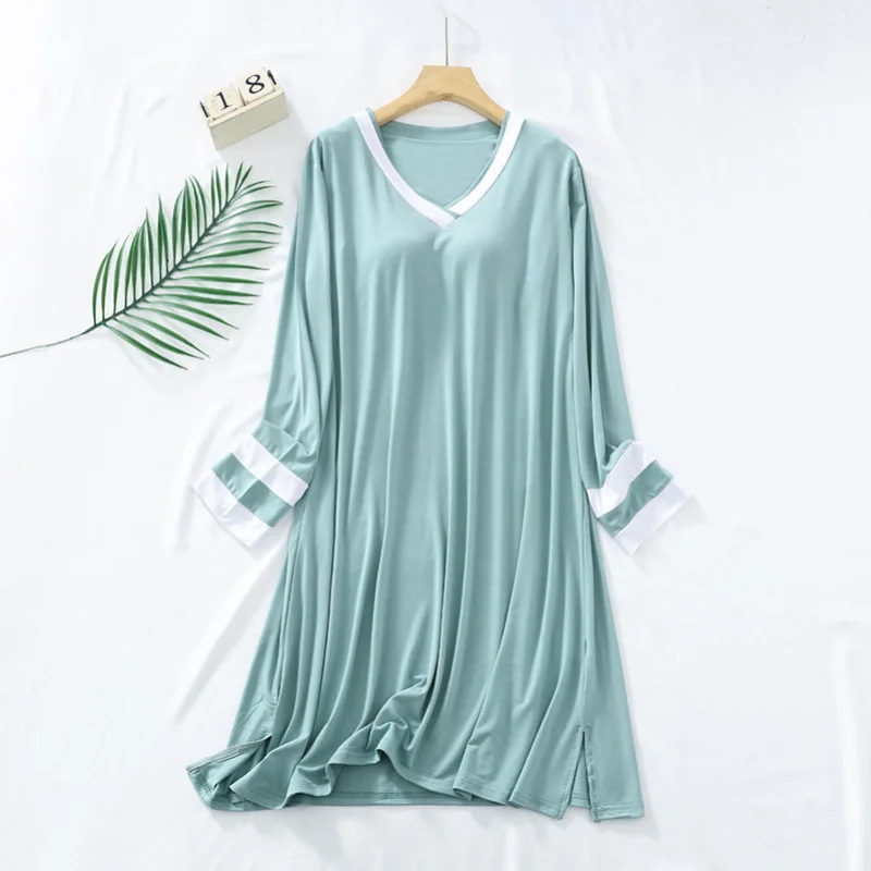 2024 New Women\'s Spring and Summer Sleeping Dress Modal V-neck long-sleeved skirt with breast pad Loose household skirt summer