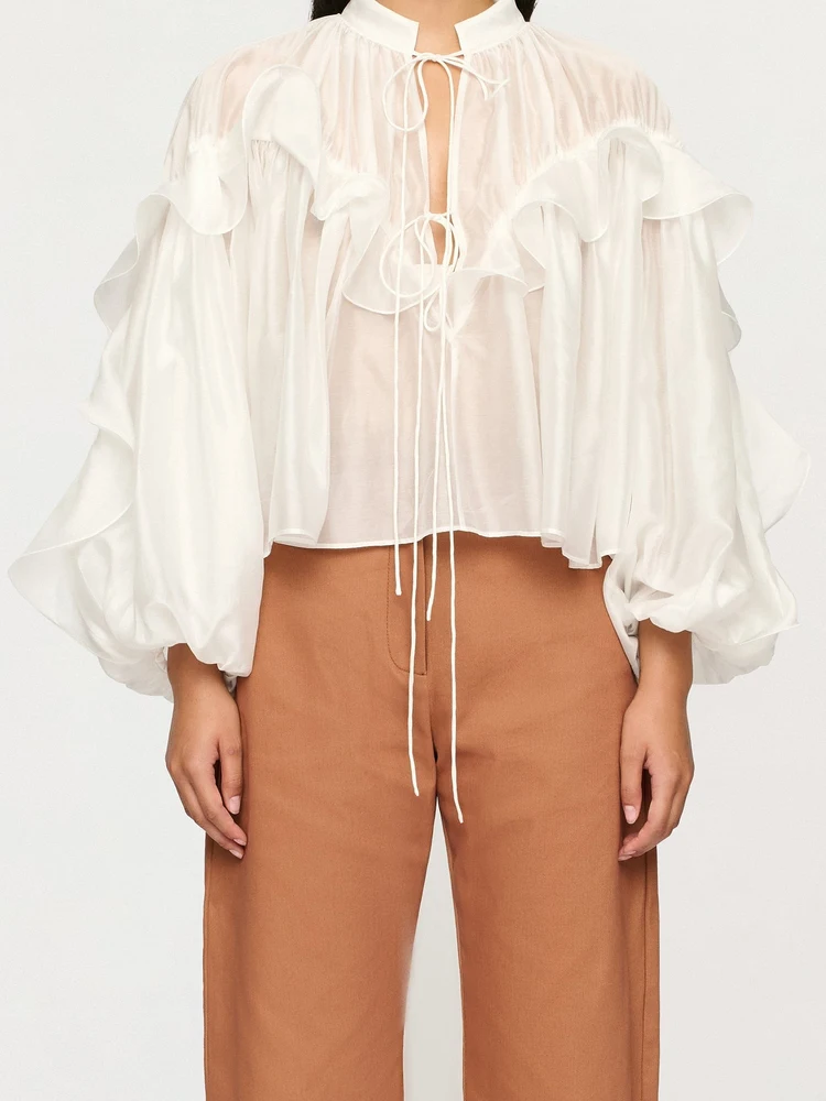 

Новая летняя женская льняная блузка с высокой талией, свободного кроя, белая, с длинным рукавом, для девушек, мода 2025