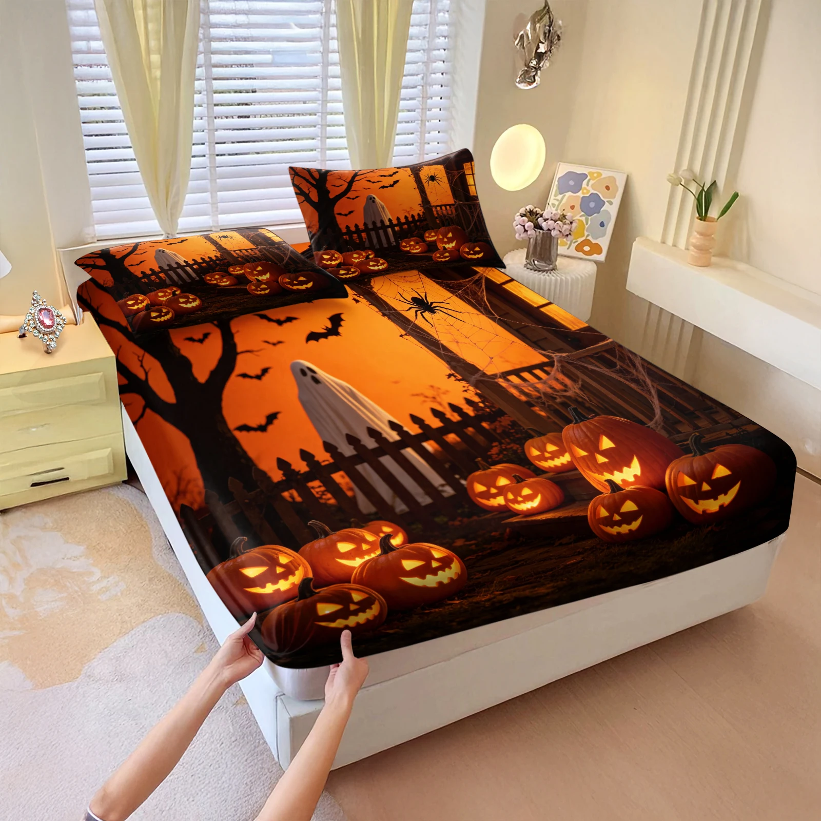 Halloween Fitted Sheet Set Scary Ghost Glowing Pumpkin Bat Spider Web Print Mattress Cover with Pillowcases Spooky Orange‑Horror