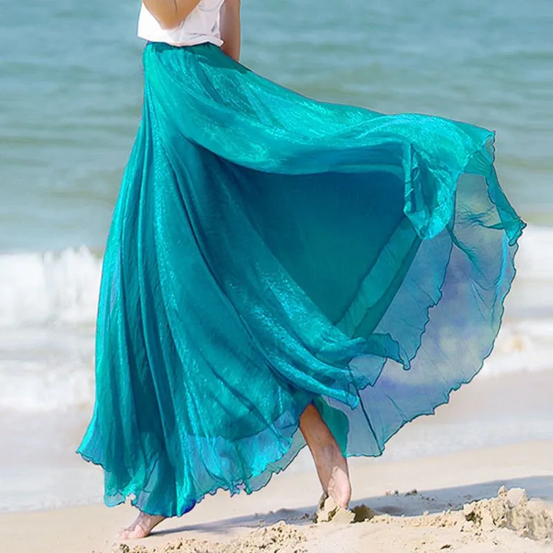 Floral Long Summer Beach Chiffon Wrap Cover Up Maxi Skirt For Women Beach High Waisted Pleated Dancing Party Skirts Womens C478