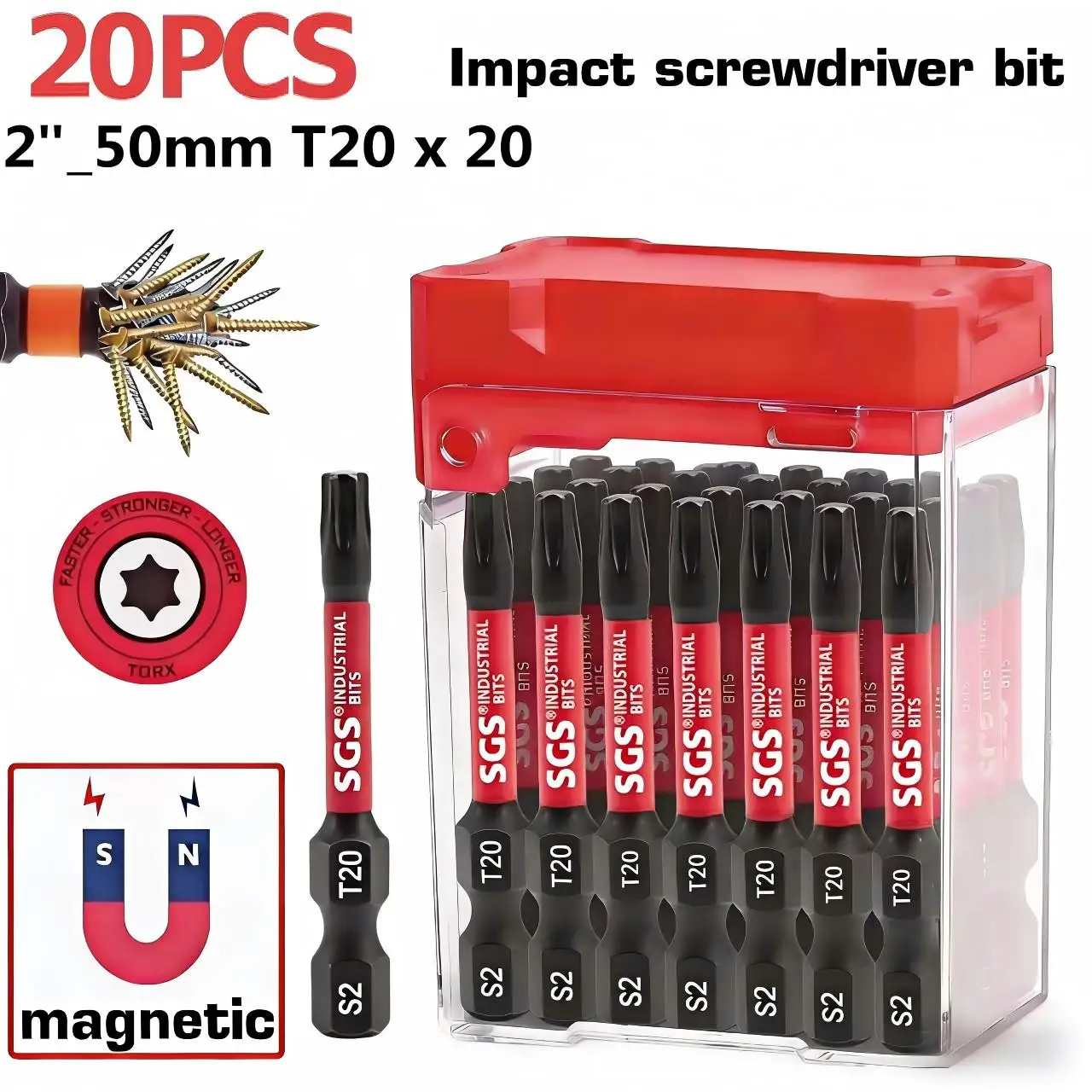 10/20 Piece Set of T20 Impact Screwdriver Bits, S2 Steel Material, 2inch (50mm) Torx Electric Screwdriver Bit Set, Red Durable Storage Box, Suitable for Electric Drills / Impact Drivers