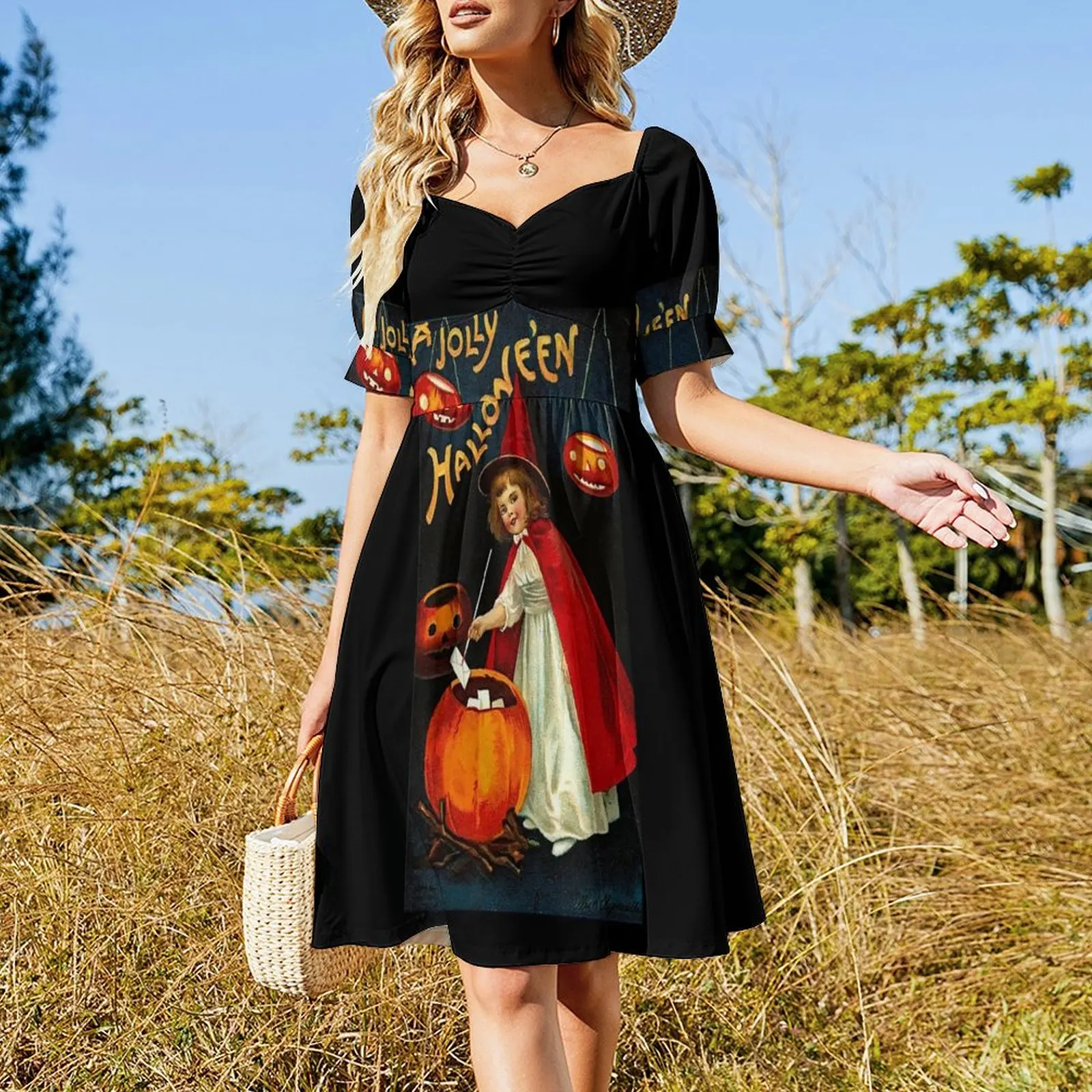 Vintage Jolly Halloween Red Witch Short Sleeved Dress party dresses women long dress women Dress