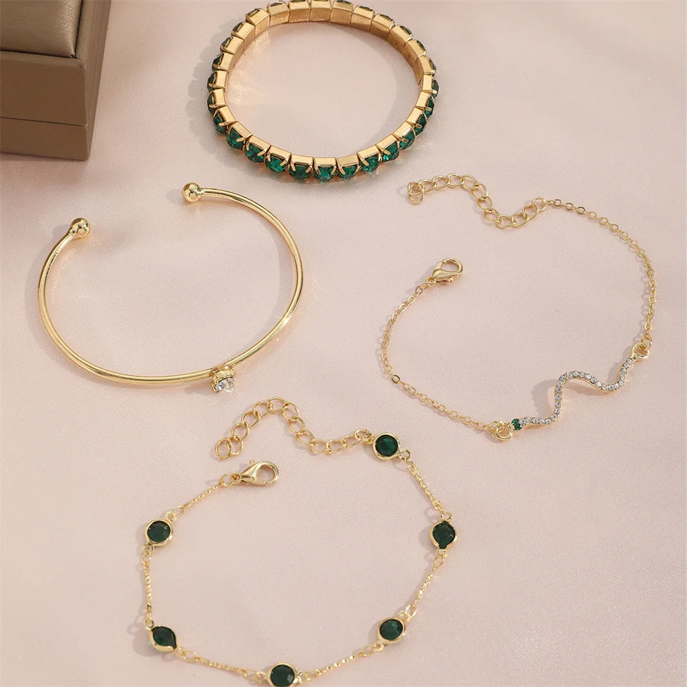 4pcs Set Luxury Geometric Square Crystal Snake Chain Bracelet for Women Exquisite Trendy Green Emerald Bangle Jewelry Set Gift