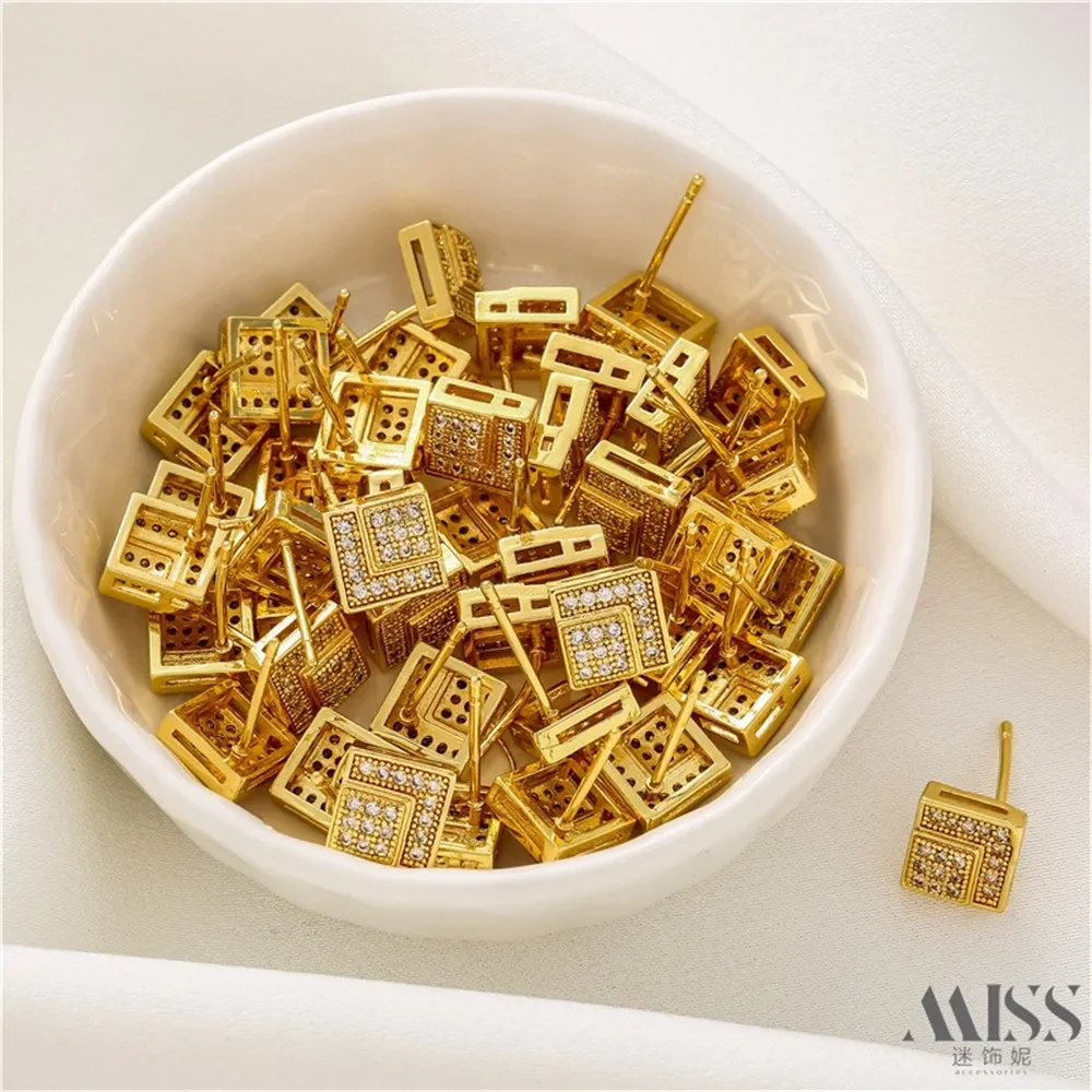 

14K Bag Gold Inlaid Zircon Square Stud Earrings 18K Earrings DIY Handmade Ear Hook Ear Jewelry Accessories Material