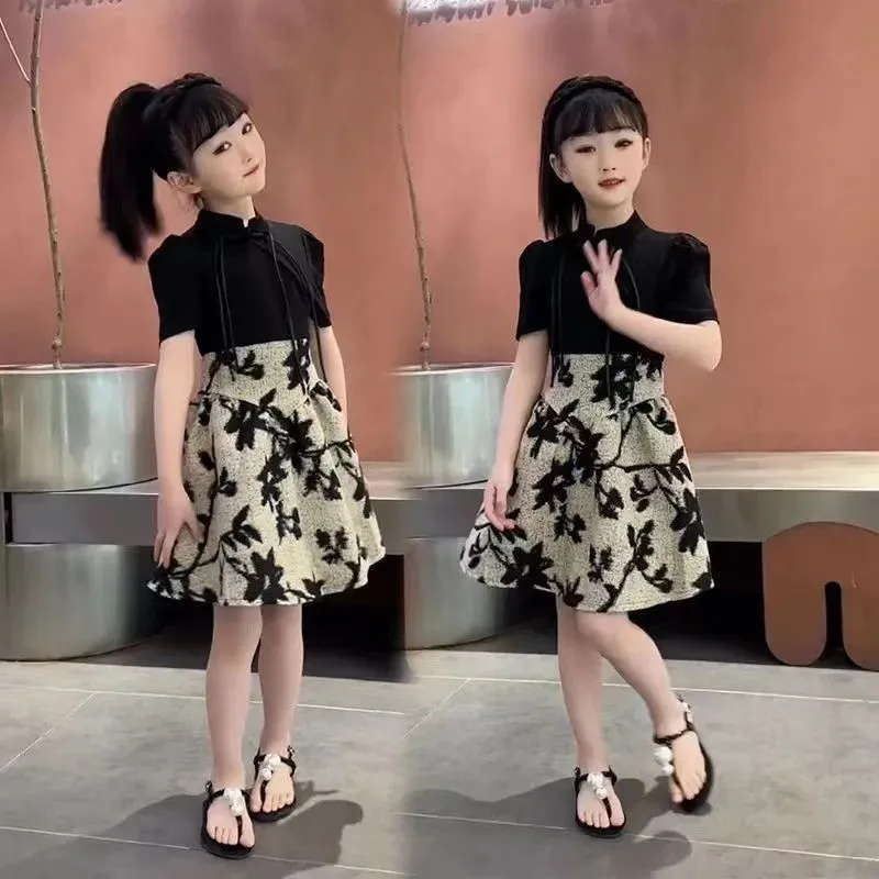 2026 Girls' Summer Short Sleeved Qipao Dress Children's Retro Cheongsam Dress Kids' Trendy Breathable Ancient Costume DressLJ638