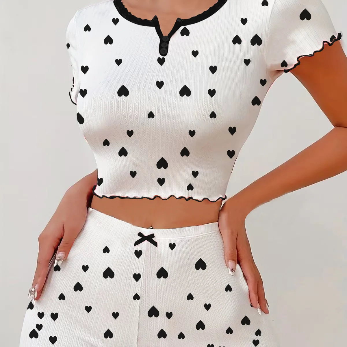 

Women Pajamas Set Hot-selling Jacquard Pit Strip Shorts Short-sleeved Love Women's Pajamas Set Can Be Worn Outside Loungewear