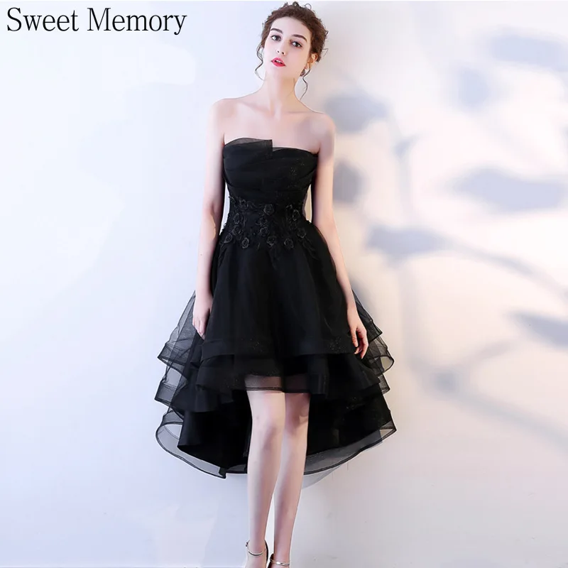 F133 Sexy Black High Low Evening Dress Woman Backless Strapless Birthday Gown Lace Up Tiered Wedding Party Graduation Dresses