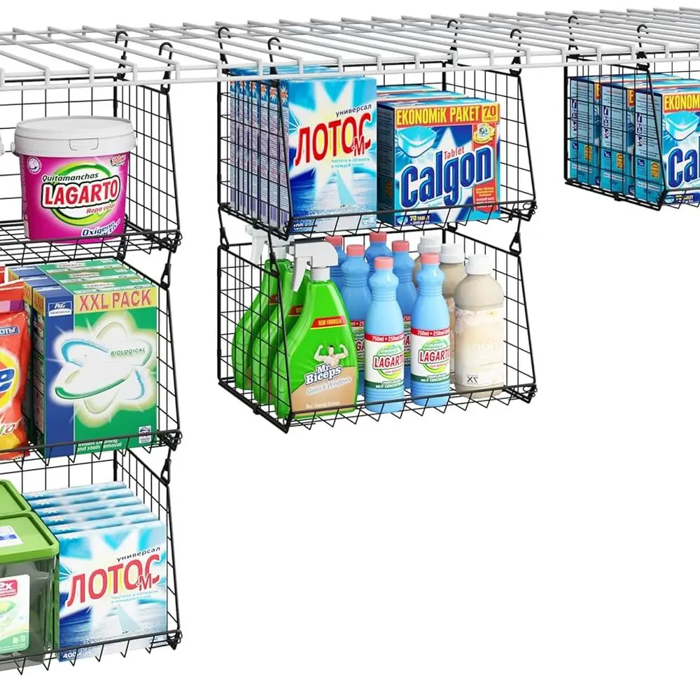 

3-Pack Hanging Laundry Room Organizaton：Foldable Laundry Basket Wire Basket with 360°Rotating Hooks Small Space Organization Ove