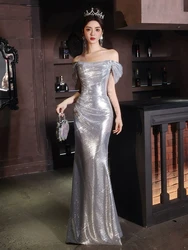 Silvery Evening Dresses Off the Shoulder Ruched Mermaid Sleeveless Sexy Shiny Sequins Long Host Ceremony Party Prom Gown New