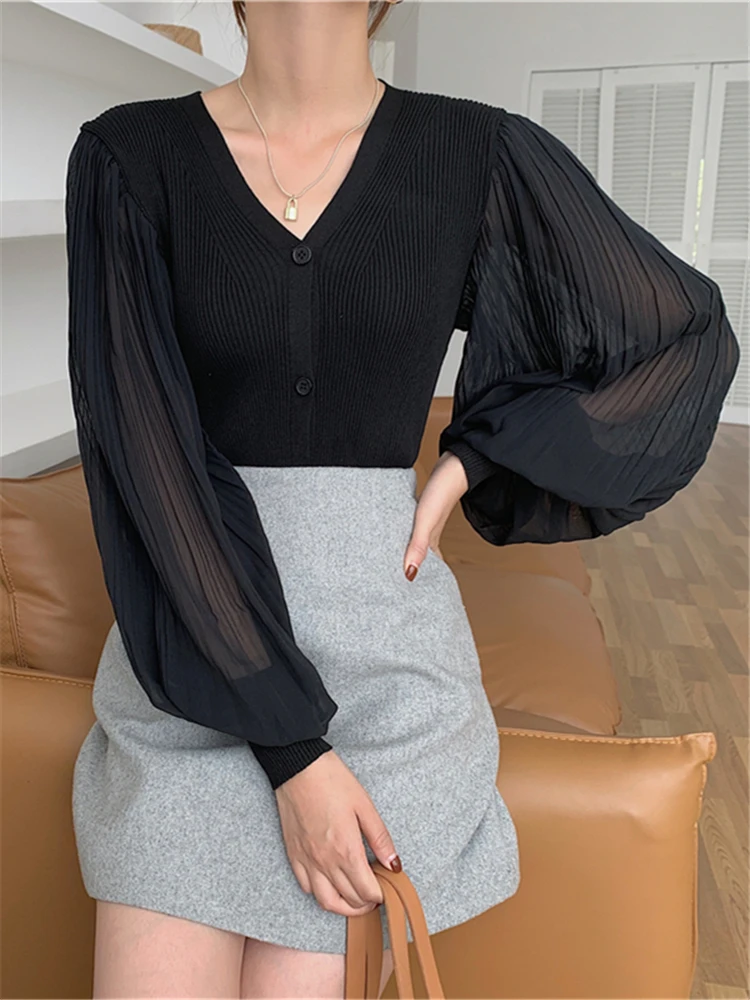 Seoulish 2023 New V-Neck Chiffon Mesh Patchwork Women's Blouse Spring Puff Sleeve Elegant Solid Knitted Shirts Female Chic Tops