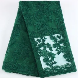 Green French Tulle Flocking Lace Fabric 2024 High Quality African Mesh Sequins Lace Fabric Nigerian For Women Wedding Dress Sew