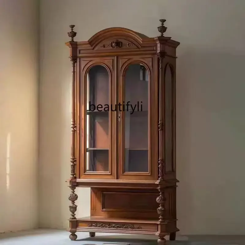 

Medieval solid wood bookcase, retro carved arched storage cabinet, French glass double door storage wine cabinet R