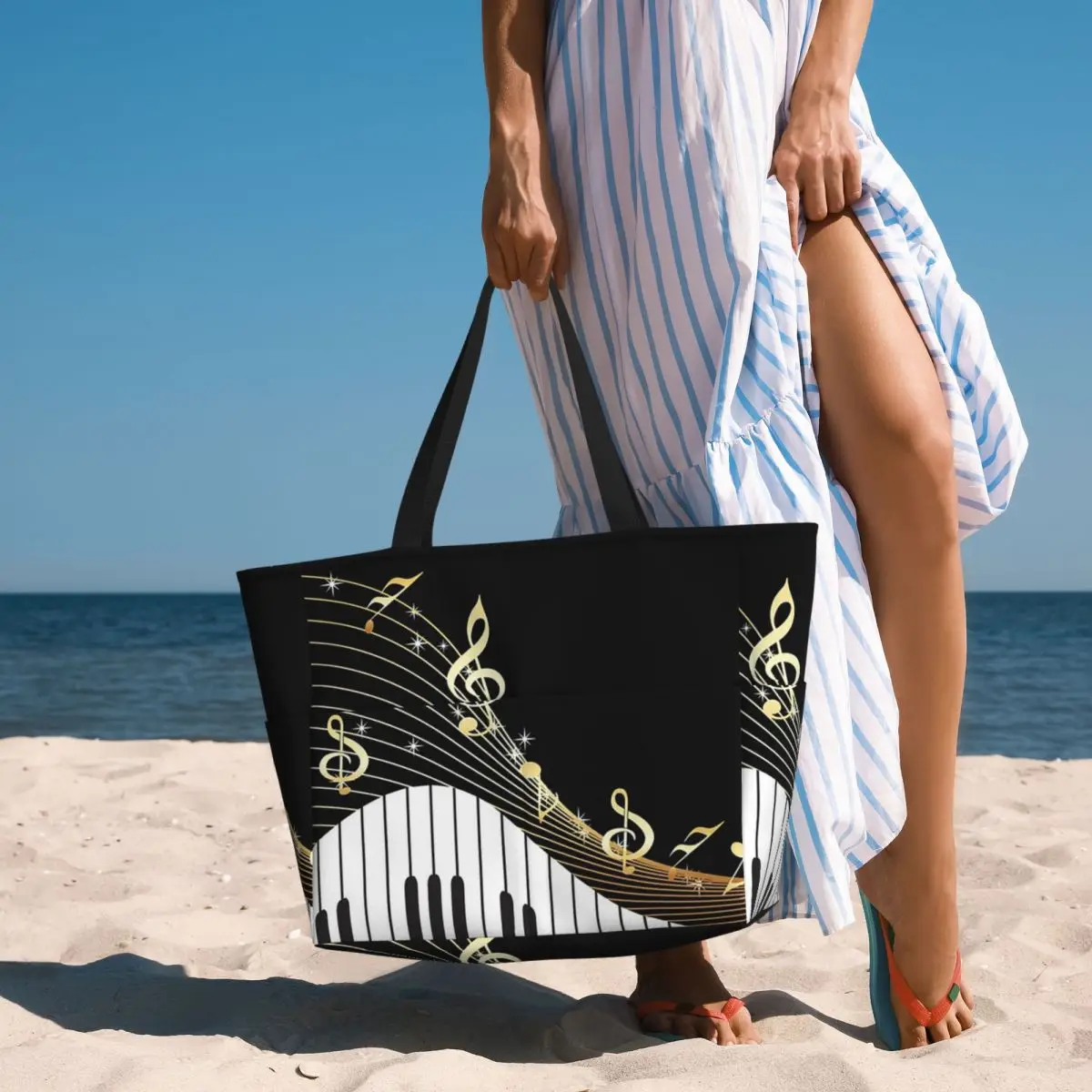 Black White Piano And Golden Music Note Beach Tote Bag Sport Gym Yoga Duffle Large Tote Bag Women Travel Bag Fitness bag