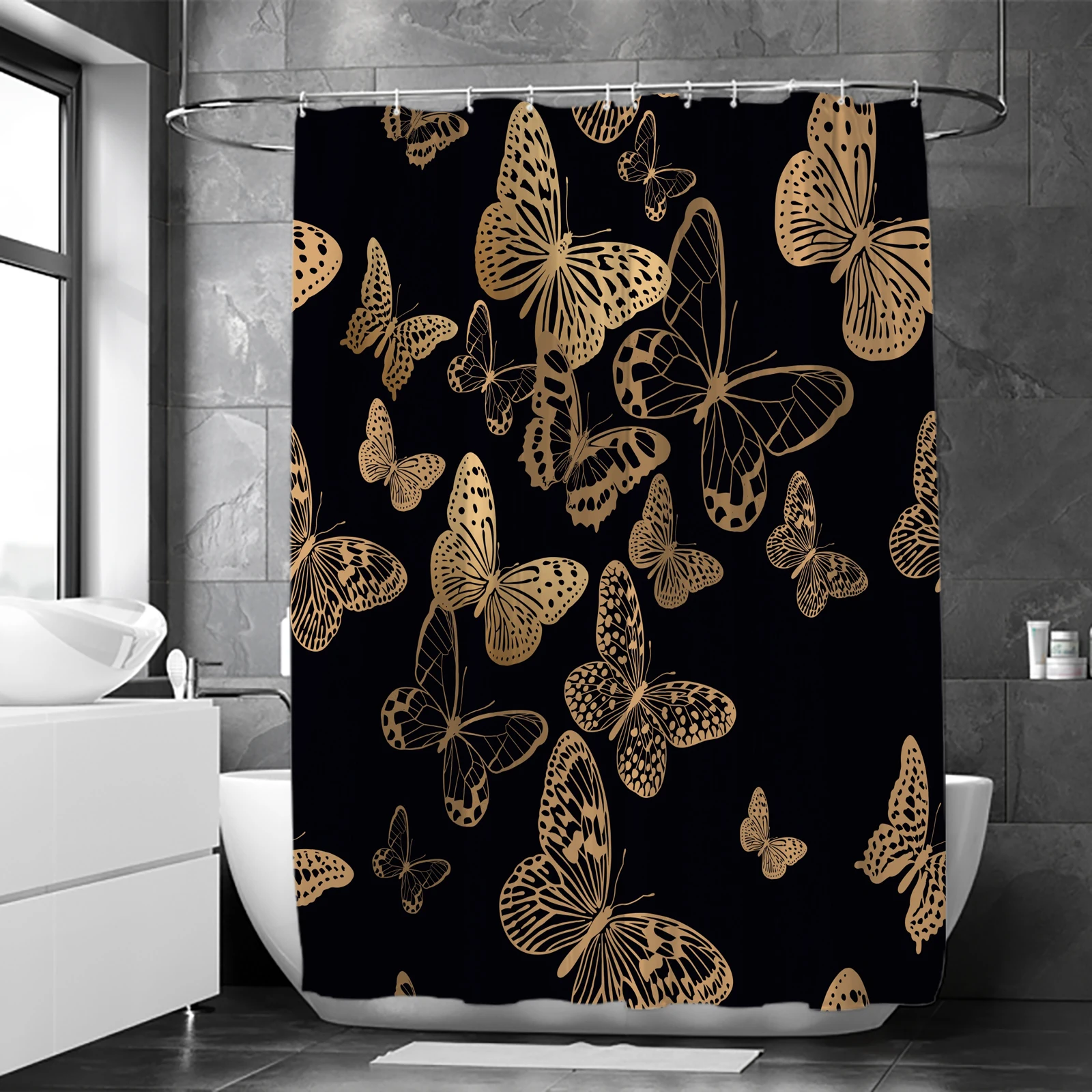 1Pcs black gold butterfly waterproof shower curtain, elegant and luxurious bathroom decoration, with 12 plastic hooks