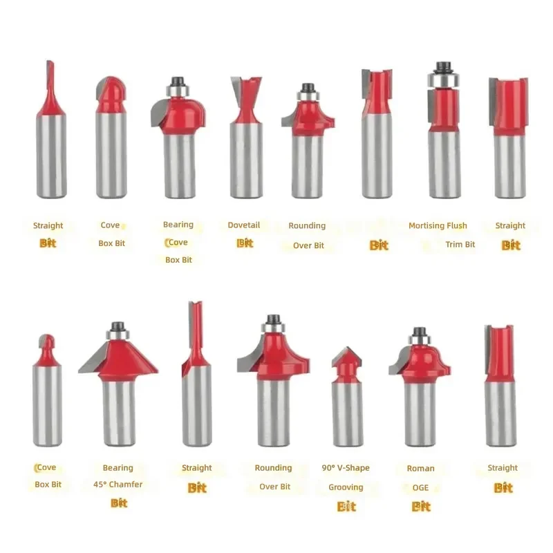 15PCS Router Bit Set 6mm 6.35mm 8mm 12.7mm Shank Carbide Cutter Woodworking Milling Tools for Wood Face Mill Diy Electronic