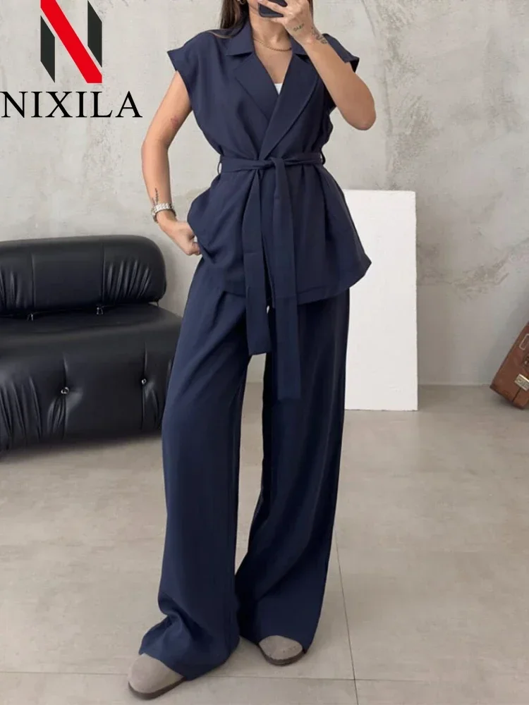 New Spring Summer Sleeveless Cardigan Long Pants Sets Fashion Casual Elegant Office 2 Piece Sets Womens Outfits Female Clothes