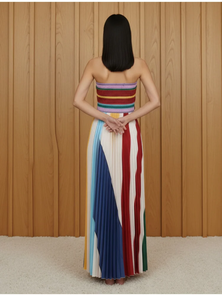 

Полосатое длинное платье без бретелек для женщин, повседневное, без рукавов, с открытыми плечами, шикарное, с открытой спиной, плиссированное, макси-платье 2026, женские платья для отпуска