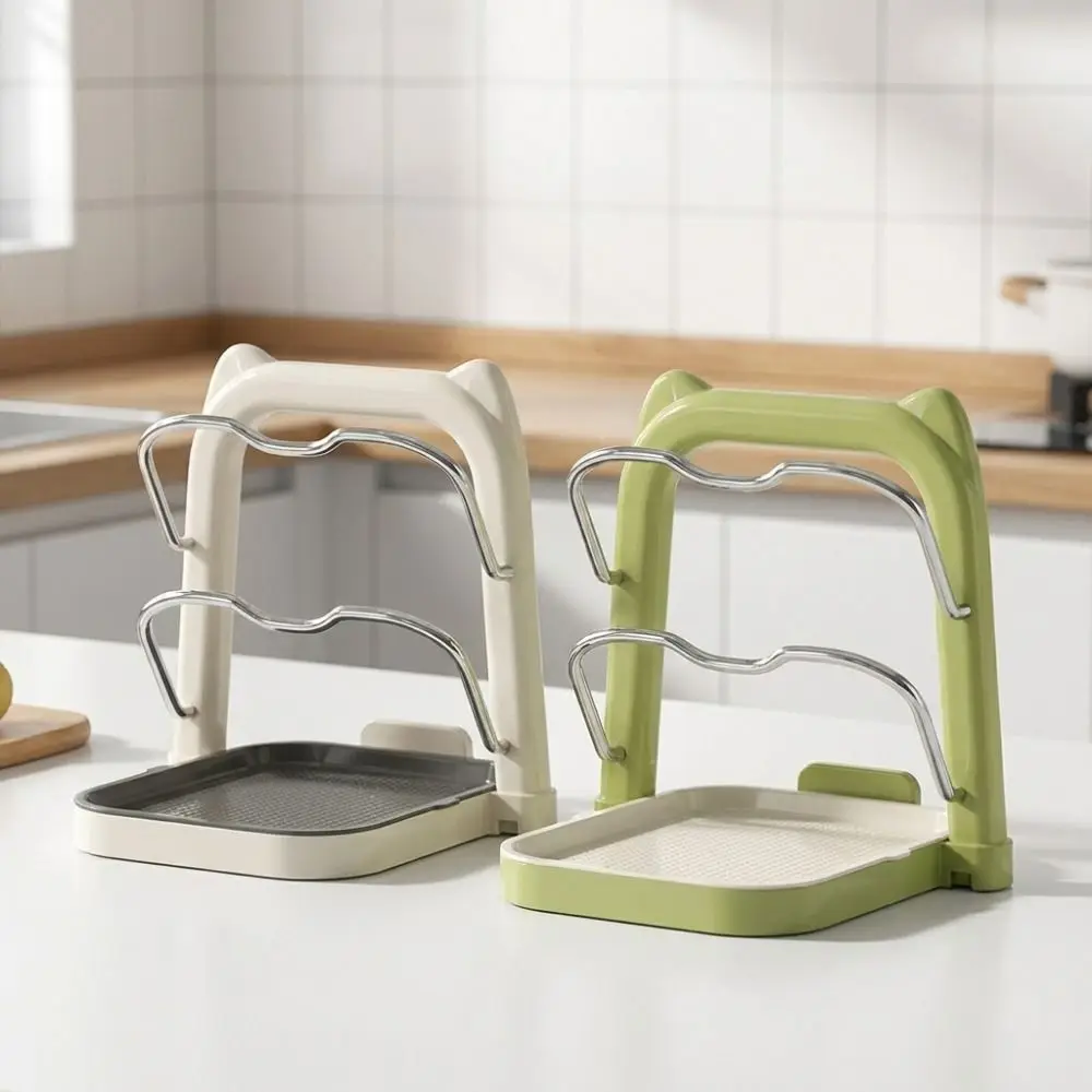 Multi-functional Double Layer Pot Lid Storage Rack No Drill Drainage Tray Pot Cover Shelf Detachable Stable Spoon Rest Kitchen
